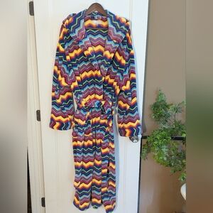 Alexander Del Rossa Plush Hooded Robe. Psychedelic Chevron Fusion Pattern. 1X.